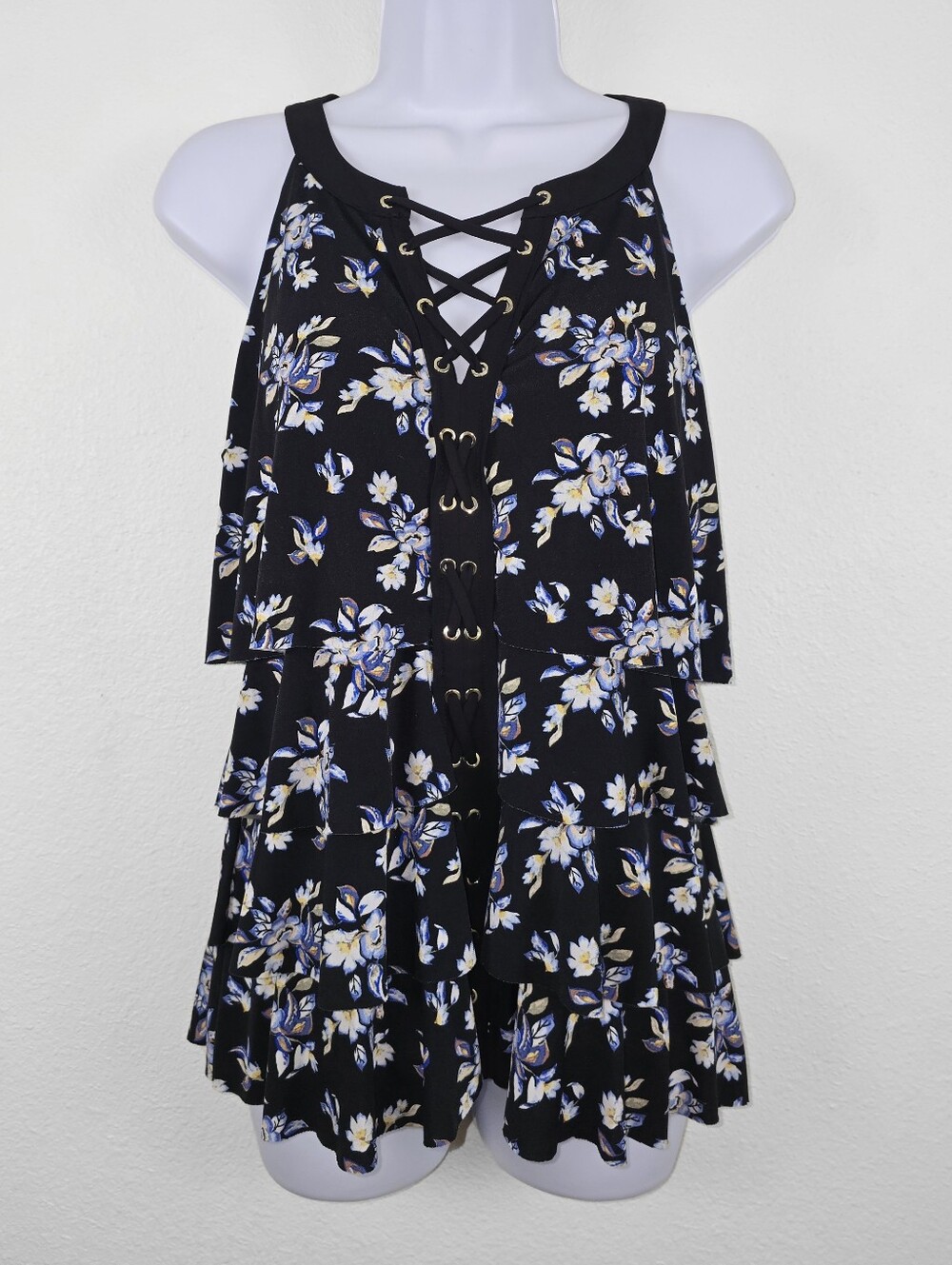 WHBM | Black + Multicolor Floral Tiered Ruffle Lace Front Tank Top Size Small - Picture 1 of 12